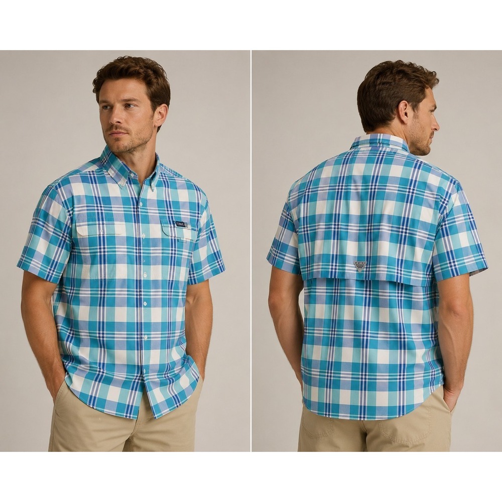 Columbia PFG Super Bahama Plaid Fishing Shirt Mens XL Blue Aqua Omni Shade...
